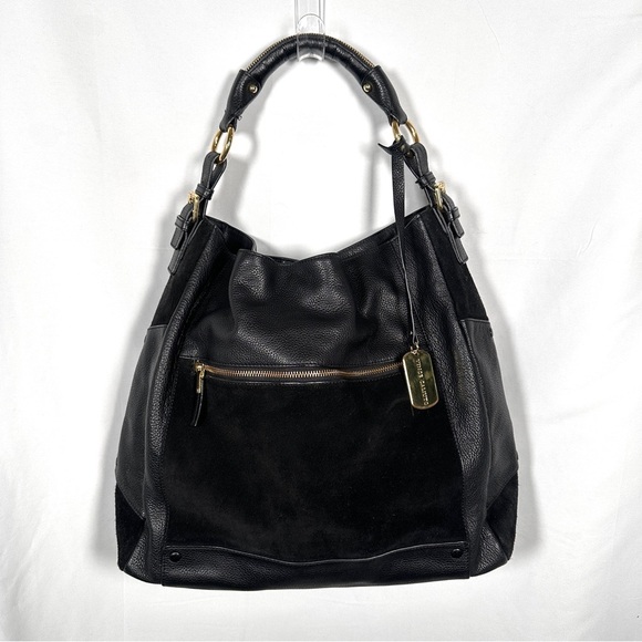 Vince Camuto Leather & Suede Hobo Shoulder Bag Black Gold Large - Picture 4 of 13